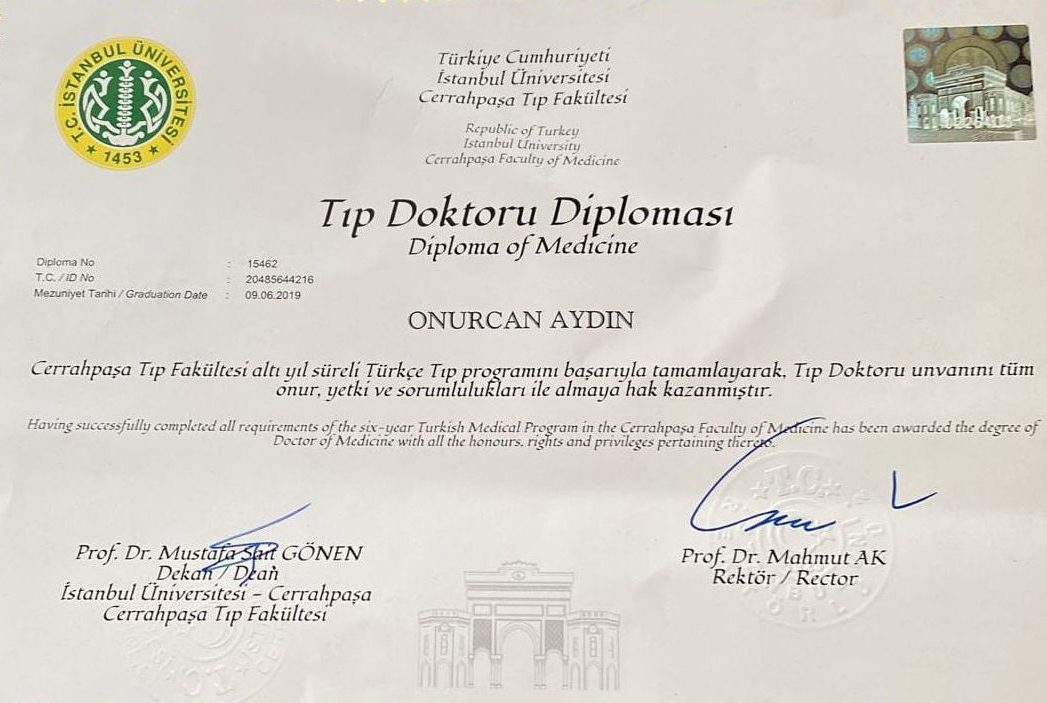 Dr. Ornucan Aydin Certificate